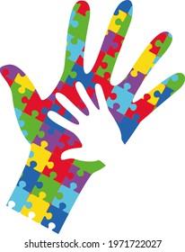 World Autism Awareness Day banner with white hands of adults and children. Jigsaw puzzle multicolored puzzle. Volunteer therapy, help for autists.. Logo symbol