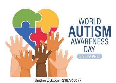 World Autism Awareness Day banner. Children's hands and colorful heart puzzles. Poster, vector