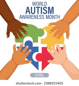 World Autism Awareness Day banner. Children's hands and colorful heart puzzles. Poster, vector