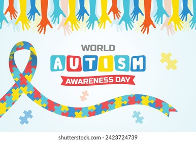 The world autism awareness day banner with colorful hands and a ribbon made puzzle pieces