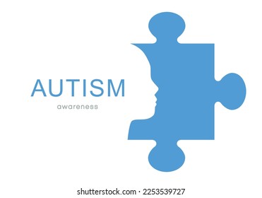 Día mundial de concientización sobre el autismo. Rompecabezas azules con fondo vectorial de cara. Símbolo de autismo. Ilustración médica plana. Atención de salud