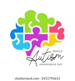 World Autism Awareness Day. Brain is in profile with convolutions, consisting of six colorful puzzle pieces. Vector illustration on a white background.