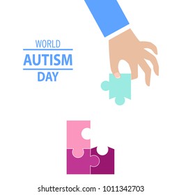World Autism Awareness Day. Card or poster template with symbol of autism. Square emblem made from puzzle pieces and autism colors. Vector flat illustration.