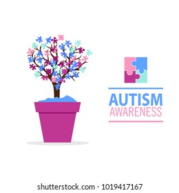 World Autism Awareness Day. Card or poster template with symbol of autism. Emblem made from puzzle pieces and autism tree. 