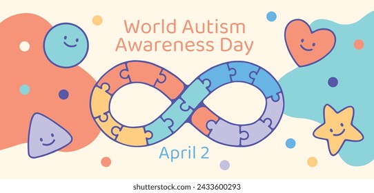 World Autism Awareness Day Celebration. World Autism Day background. April 2. Cartoon Vector illustration design Template for Poster, Banner, Flyer, Card, Post, Cover, Campaign. Colorful puzzle.