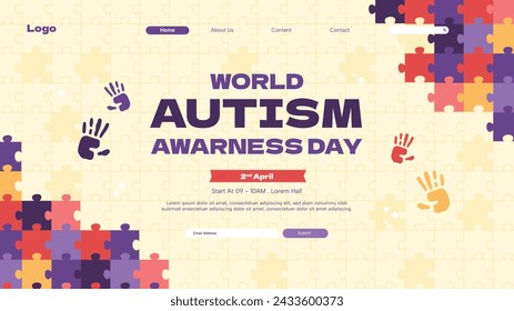 In: World Autism Awareness Day Celebration. Hintergrund des Welt-Autismus-Tages. 2. April. Cartoon Vektor Illustration Design-Vorlage für Poster, Banner, Flyer, Karte, Post, Cover, Kampagne. Buntes Puzzle.