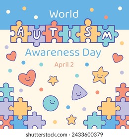 World Autism Awareness Day Celebration. World Autism Day background. April 2. Cartoon Vector illustration design Template for Poster, Banner, Flyer, Card, Post, Cover, Campaign. Colorful puzzle.