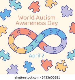 World Autism Awareness Day Celebration. World Autism Day background. April 2. Cartoon Vector illustration design Template for Poster, Banner, Flyer, Card, Post, Cover, Campaign. Colorful puzzle.