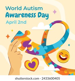 World Autism Awareness Day Celebration. World Autism Day background. April 2. Cartoon Vector illustration design Template for Poster, Banner, Flyer, Card, Post, Cover, Campaign. Colorful puzzle.