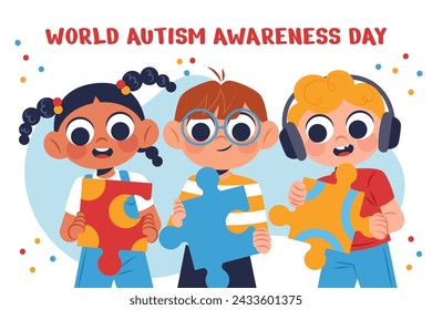 World Autism Awareness Day Celebration. World Autism Day background. April 2. Cartoon Vector illustration design Template for Poster, Banner, Flyer, Card, Post, Cover, Campaign. Colorful puzzle.