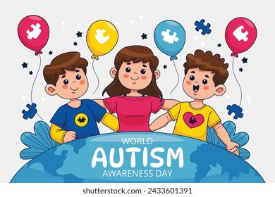 World Autism Awareness Day Celebration. World Autism Day background. April 2. Cartoon Vector illustration design Template for Poster, Banner, Flyer, Card, Post, Cover, Campaign. Colorful puzzle.