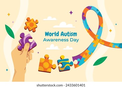 World Autism Awareness Day Celebration. World Autism Day background. April 2. Cartoon Vector illustration design Template for Poster, Banner, Flyer, Card, Post, Cover, Campaign. Colorful puzzle.