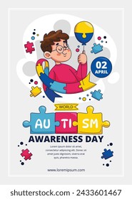 World Autism Awareness Day Celebration. World Autism Day background. April 2. Cartoon Vector illustration design Template for Poster, Banner, Flyer, Card, Post, Cover, Campaign. Colorful puzzle.