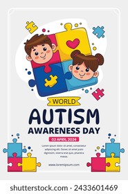 World Autism Awareness Day Celebration. World Autism Day background. April 2. Cartoon Vector illustration design Template for Poster, Banner, Flyer, Card, Post, Cover, Campaign. Colorful puzzle.