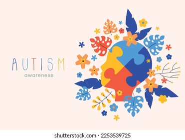 World autism awareness day. Colorful puzzles with flowers and leaves vector background. Symbol of autism. Medical flat illustration. Health care