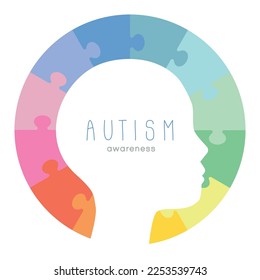 World autism awareness day. Colorful puzzles with face vector background. Symbol of autism. Medical flat illustration. Health care