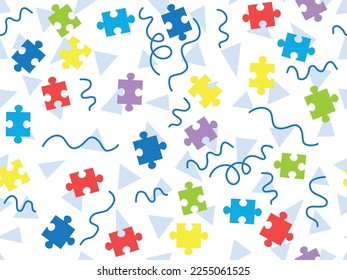 World autism awareness day. Colorful puzzles seamless pattern vector white background. Symbol of autism. Medical flat illustration. Health care