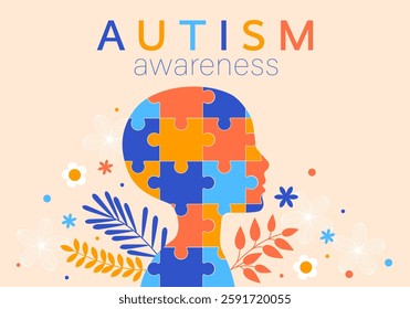 World autism awareness day. Colorful puzzles with flowers and leaves vector background. Symbol of autism. Medical flat illustration. Health care