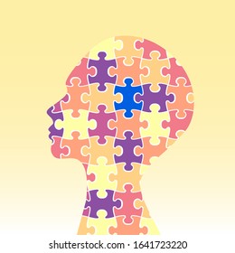 World autism awareness day concept  A blue piece puzzle   silhouette human   his complicated mind light gradient background