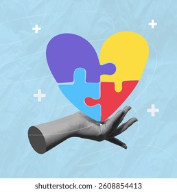 World Autism Awareness Day Concept Illustration.  hand holding colorful jigsaw puzzle pieces, Trendy retro 60s 70s cartoon style. 