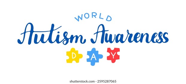 World Autism awareness day handwritten words with puzzle isolated on white background. Hand drawn Calligraphy lettering in bright colors. For banner poster card