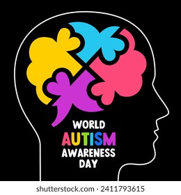 World Autism Awareness Day. Human brain, consisting of colorful pieces of puzzles with hearts. Outline of a human head. Vector illustration on a black background.