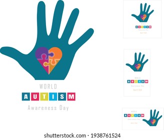 World Autism Awareness Day illustration, banner or social media.Hand and heart made of colorful puzzle pieces.Vectors