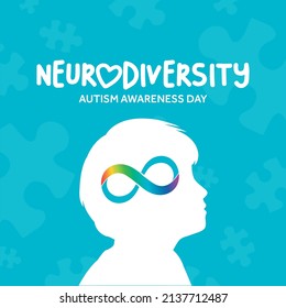 World Autism Awareness Day illustration. Rainbow-colored infinity symbol for neurodiversity. Silhouette of a Kid profile. Puzzle pieces background.