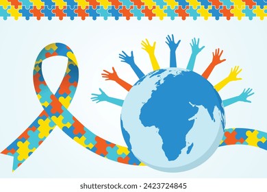 World autism awareness day illustration with colorful globe, ribbon and puzzles