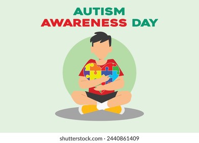 World Autism Awareness Day. Illustration a man sitting and hugs a love puzzle in a flat cartoon style. Creative Poster or Banner green Background for World Autism Awareness Day 