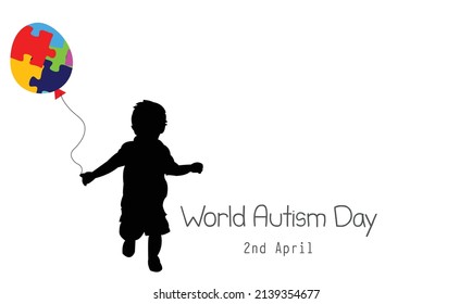 World autism awareness day. Kid running, holding colorful balloon in his hand. on white background. autism awareness day concept