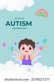 World Autism Awareness Day with kid illustration and puzzle pieces. Banner or background vector illustration design template. Psychological concept of Autistic children.