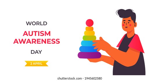 World Autism Awareness Day. Man Or Boy With Autistic Spectrum Disorder Arranged His Toys In A Row. Asperger Syndrome Concept. Stock Vector Illustration For Autism Rights Movement. Isolated On White.