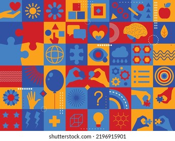 World autism awareness day, month. Colorful puzzles and another symbols vector background. Symbols of autism. Medical flat illustration. Health care