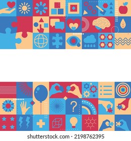 World autism awareness day, month. Colorful puzzles and another symbols vector background. Symbols of autism. Medical flat illustration. Health care