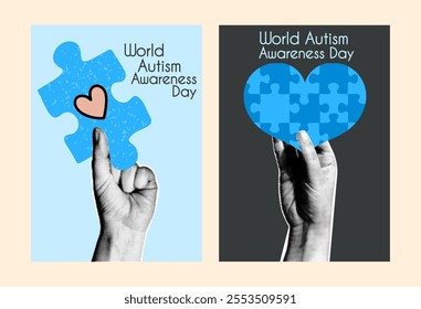World Autism Awareness Day poster. Halftone collage vertical illustrations with hand and blue puzzle.
