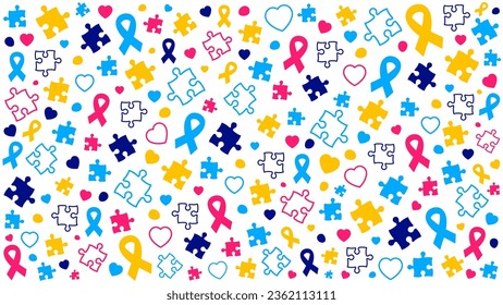 World autism awareness day puzzle pieces pattern background template celebrated in 2 April. use to banner, card, greeting card, poster, book cover, placard, frame, social media post banner template.