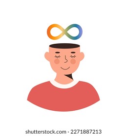 World Autism Awareness Day. Rainbow infinity symbol and autistic special child. Happy cute character with ASD mental disorder. Vector flat illustration isolated on white background.