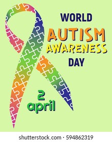 World autism awareness day ribbon puzzles vector. Colorful puzzles vector on tape. Symbol of autism.
