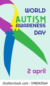 World autism awareness day ribbon puzzles vector. Colorful puzzles vector on tape. Symbol of autism. Light blue background