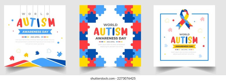 World autism awareness day social media post banner design template set. World autism day colorful puzzle vector banner. Symbol of autism. autism Health care Medical flat background of April 02