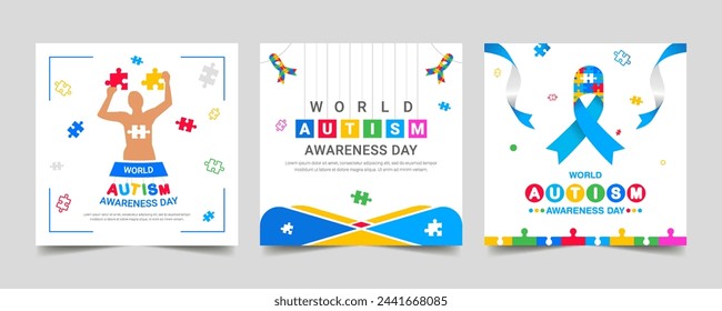 World autism awareness day social media post template set. April Autism Awareness Month Web Banner Template. Symbol of autism, World Awareness Day card. April 2