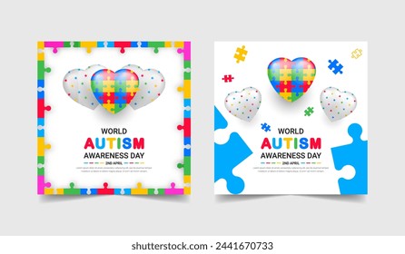 World autism awareness day social media post design. Autism Awareness Month card with puzzle heart, April. Vector illustration