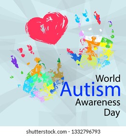 World autism awareness day. Symbolic prints of children's palms from rainbow puzzles. Symbol of autism. Health care - illustration,banner or poster of World Autism Awareness Day. Vector illustration