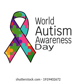 World Autism Awareness Day, Symbolic ribbon in colorful puzzle pieces and themed inscription vector illustration