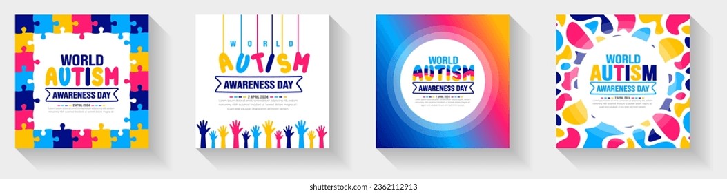 World autism awareness day typography sticker or social media post banner design template set celebrated in 2 April. use to background, banner, card, greeting card, poster, book cover, placard, frame.