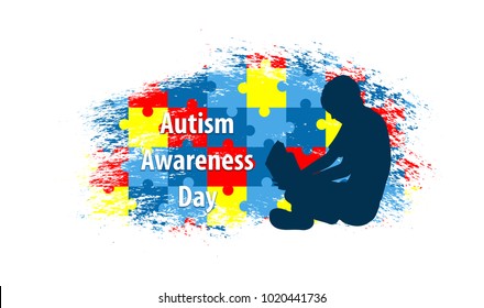 World autism awareness day. Vector illustration with puzzled background and silhouette of boy