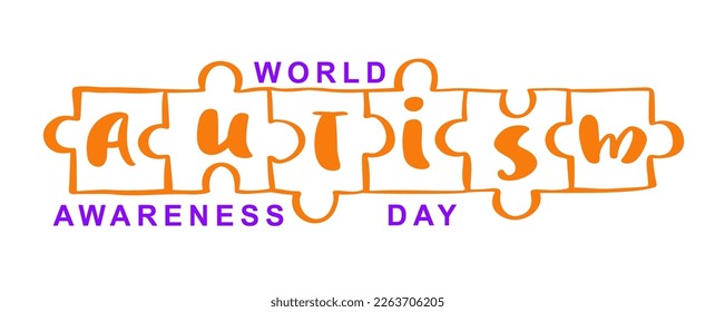 World Autism awareness day vector calligraphic logo text. For banner, poster flyer, greeting card for social media. Illustration with Puzzles.