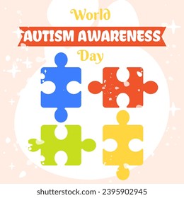 World Autism Awareness Day vector illustration with colorful puzzle pieces. Flat cartoon style. Perfect for square banner, social media, poster and so on