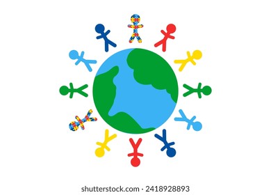 Banner vectorial del Día Mundial de Concienciación sobre el Autismo. Globo y gente alrededor, hombrecitos, siluetas de gente. Elemento de diseño para tarjeta, borde, banner, afiche, productos impresos, tarjetas, volantes, patrones, portada.